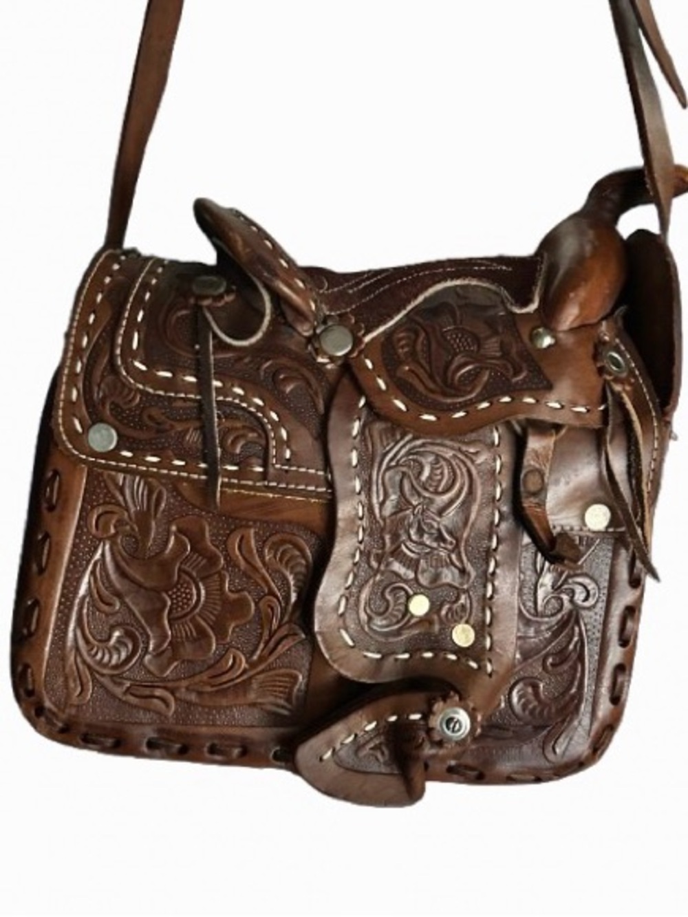 Vintage Saddle Tooled Leather Bag Purse Brown Horse Equestrian Country Western